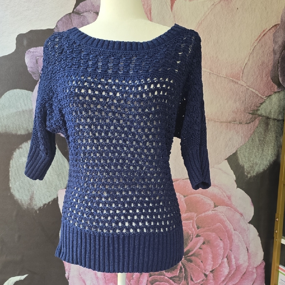 Navy Open-Knit Scoop Neck Sweater
